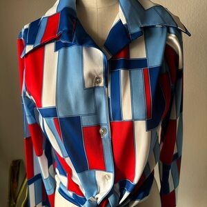 Women’s Vintage 1970s Geometric Mod Style Button Up Blouse Made in Mexico